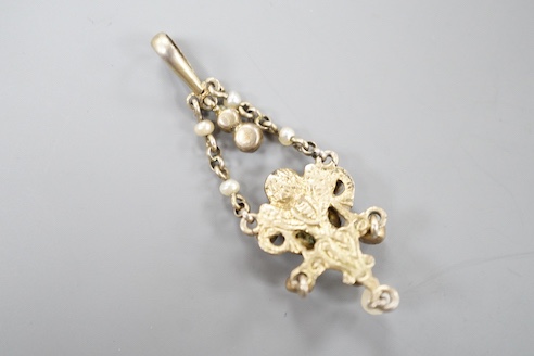 A 19th century Austro-Hungarian gilt white metal, paste and seed pearl set drop pendant, 43mm.